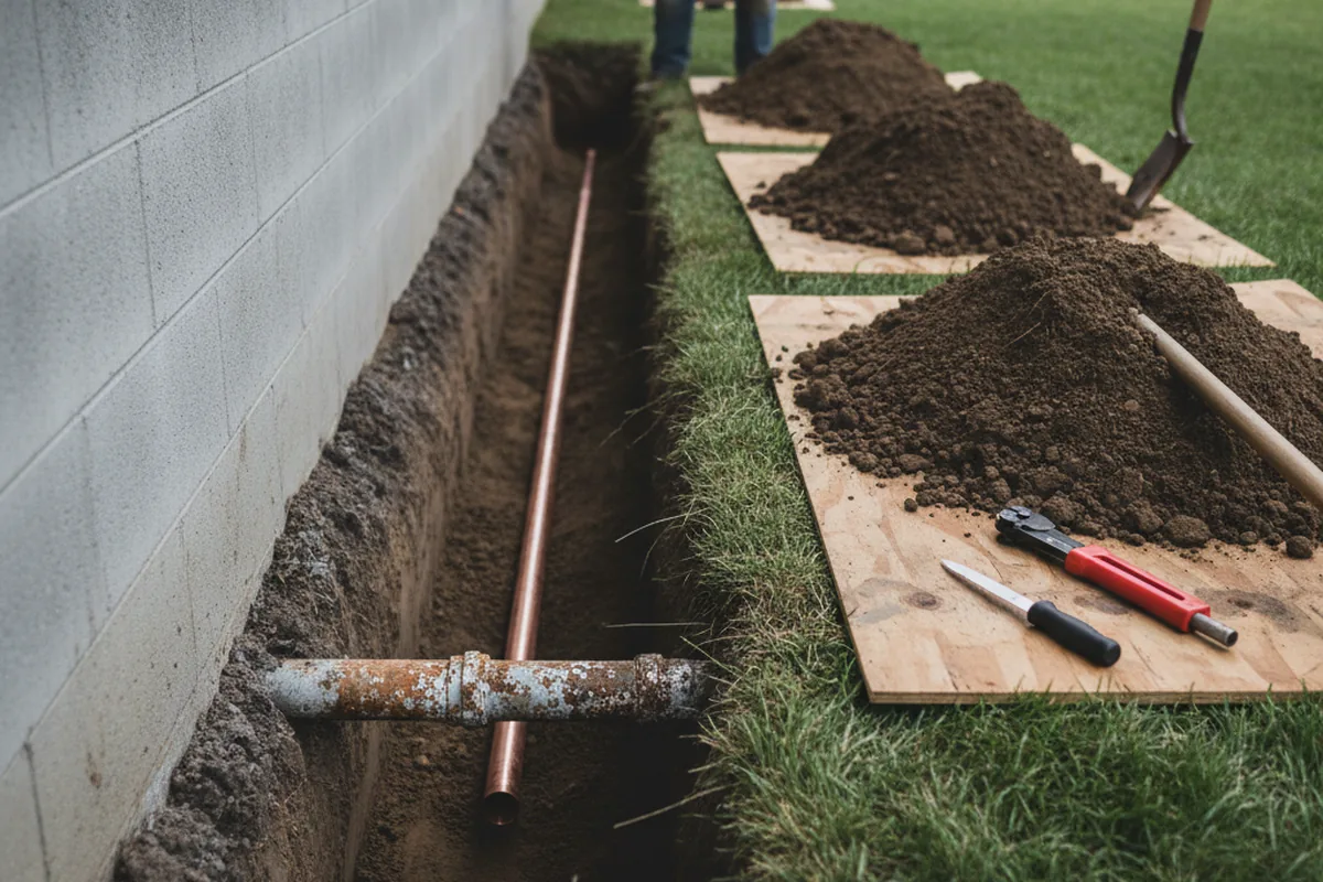 Excavated water line trench during Water Heater Repair in Delphi